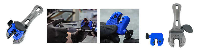 Handy pipe cutter is supplied with smooth-action ratchet handle for added versatility
