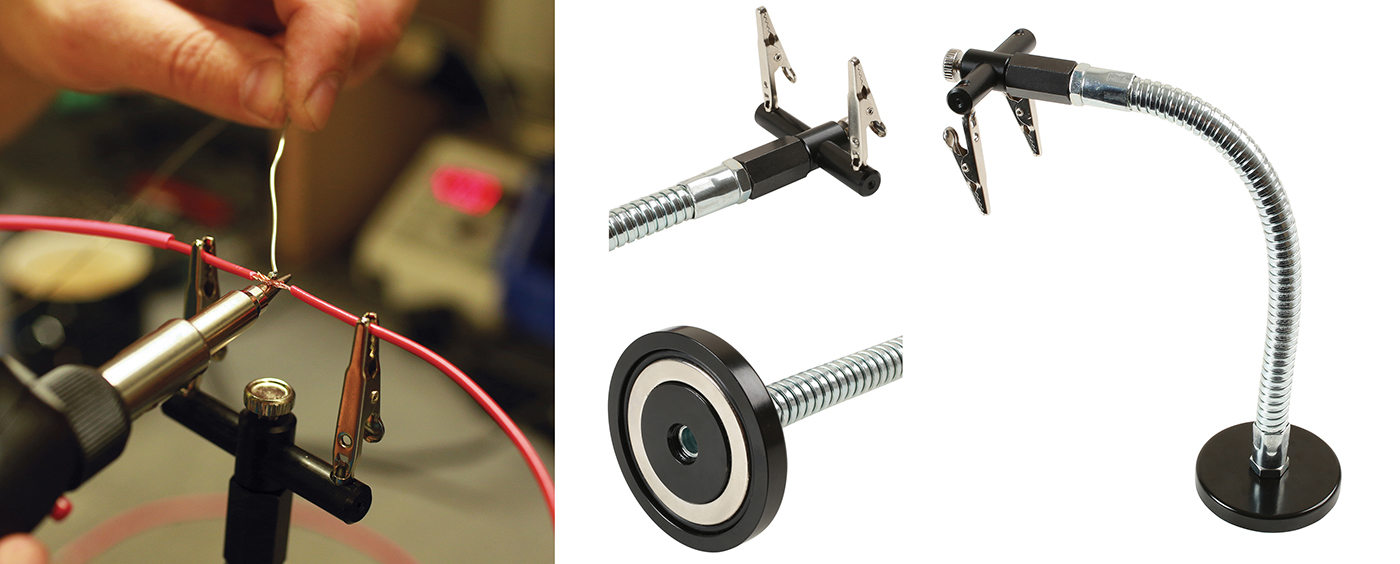 Hold wires in position securely when soldering with this flexible magnetic clamp