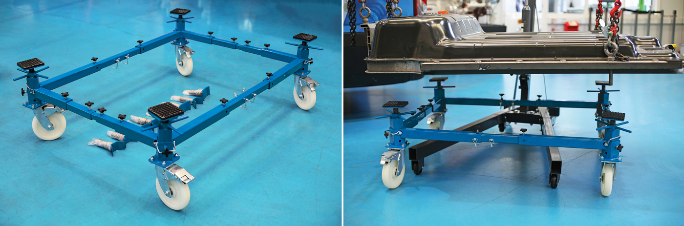 Fully adjustable vehicle shell and major assembly transport dolly from Laser Tools — supports up to 900kg