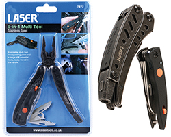 9-in-1 stainless steel multi tool incorporates a rechargeable LED light & magnetic bit driver