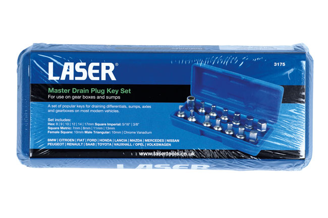 Laser Tools 3175 Drain Plug Key Set 3/8"D 14pc
