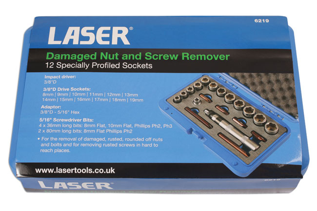 Laser Tools 6219 Damaged Nut and Screw Remover Set 3/8"D 20pc
