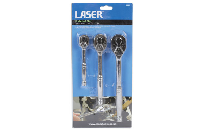 Laser Tools 6421 Standard Ratchet Set 1/4"D, 3/8"D, 1/2"D 3pc