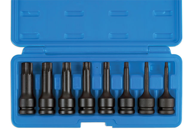Laser Tools 6749 Long Impact Tamperproof Spline Socket Bit Set 1/2"D 8pc