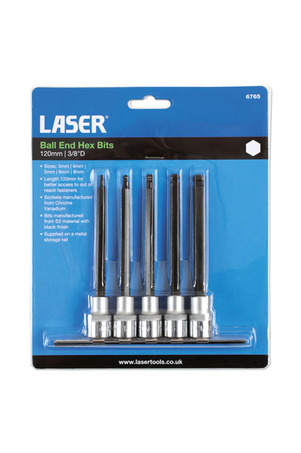 Laser Tools 6765 Long Ball End Hex Socket Bit Set 3/8"D 5pc