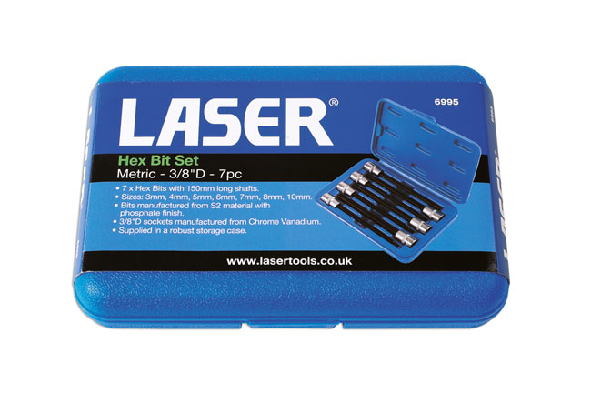 Laser Tools 6995 Extra Long Hex Socket Bit Set 3/8"D 7pc