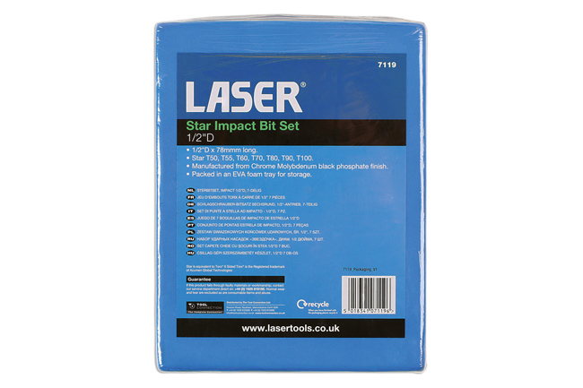 Laser Tools 7119 Long Impact Star Socket Bit Set 1/2"D 7pc
