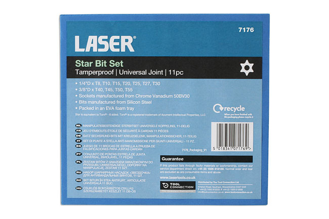 Laser Tools 7176 Tamperproof U/J Star Socket Bit Set 1/4"D, 3/8"D 11pc