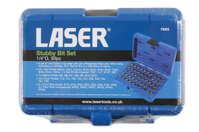 Laser Tools 7653 Stubby Bit Set 1/4"D 50pc