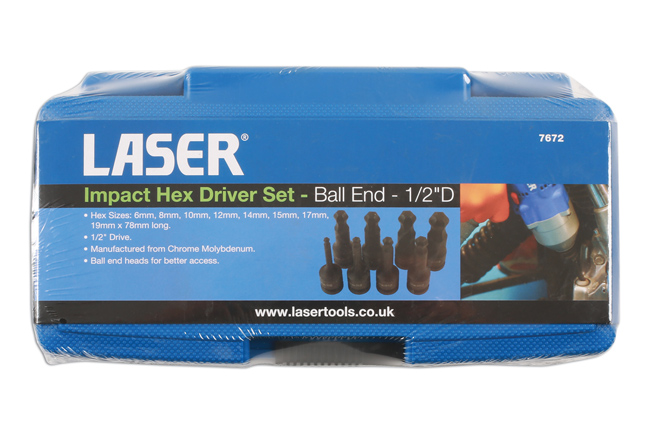 Laser Tools 7672 Ball End Impact Hex Socket Bit Set 1/2"D 8pc