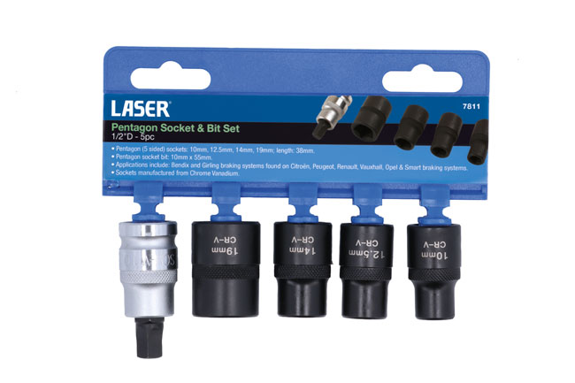 Laser Tools 7811 Pentagon Socket & Bit Set 1/2"D 5pc