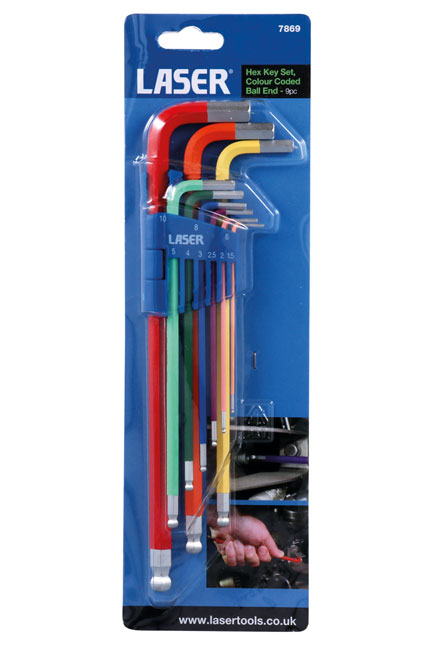 Laser Tools 7869 Colour Coded Hex Key Set - Ball End 9pc