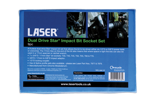 Laser Tools 7978 Dual Drive Star* Impact Bit Socket Set 9pc