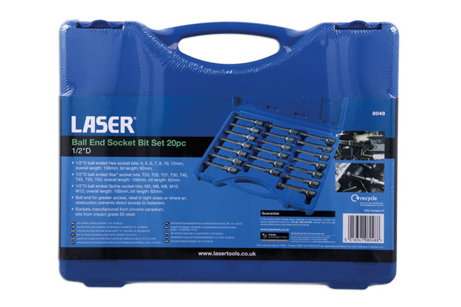 Laser Tools 8048 Ball End Socket Bit Set 1/2"D 20pc