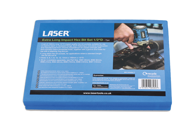 Laser Tools 8580 Extra Long Impact Hex Bit Set 1/2"D 7pc