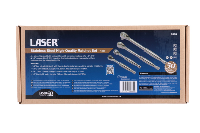 Laser Tools 9365 Stainless Steel High-Quality Ratchet Set 4pc - 50th Anniversary
