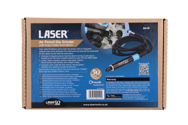 Laser Tools 9419 Air Pencil Die Grinder with Dual Collet 3mm/6mm - 50th Anniversary