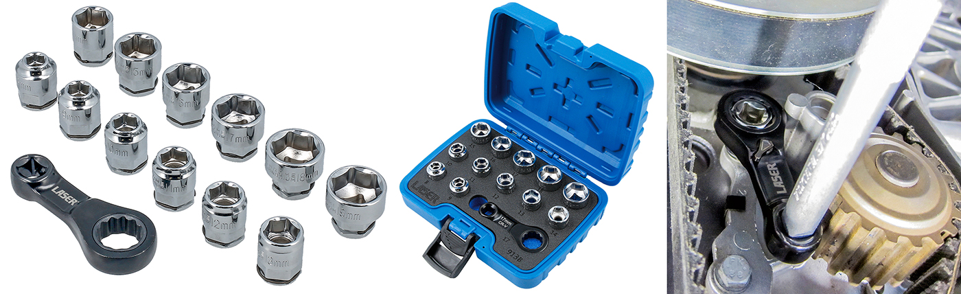 Ratchet Torque Adaptor with Shallow Insert Sockets — offset torque access for tight spaces