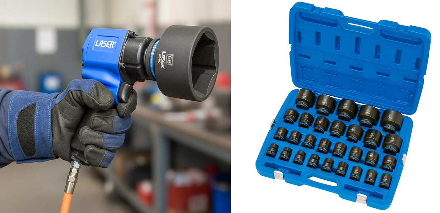 New from Laser Tools: two heavy-duty 3/4" impact socket ranges — standard and deep 29-piece sets