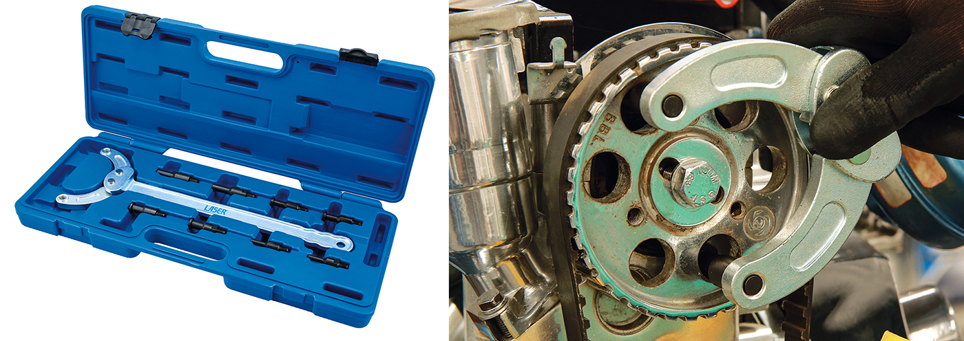 New from Laser Tools: the universal belt pulley & chain sprocket holding tool — pin wrench and pulley holder in one 
